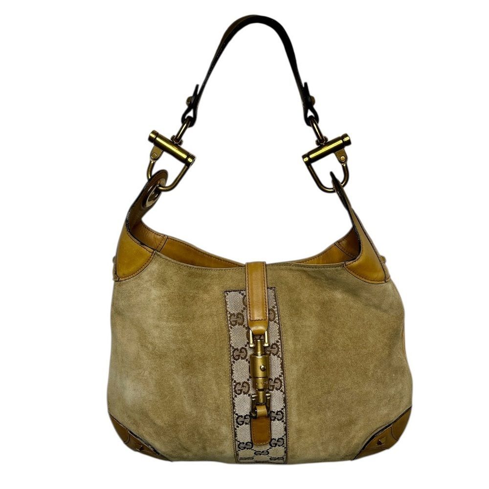 Gucci Jackie Suede Leather Nailhead Hobo Bag Tan Brown GG Canvas Piston Lock